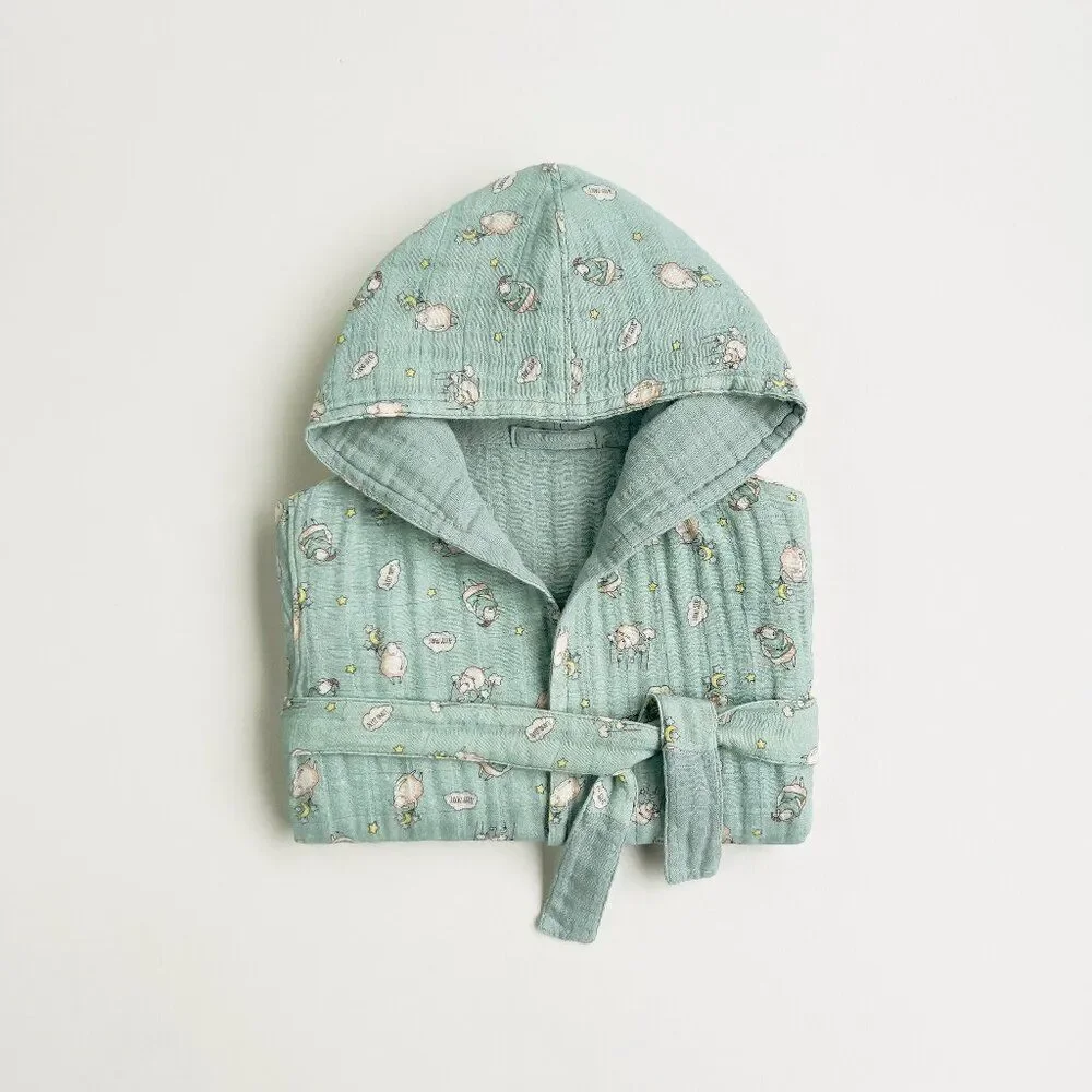 KIDS Organic Muslin Cotton Bathrobe - Reversible Sleepy sheep green